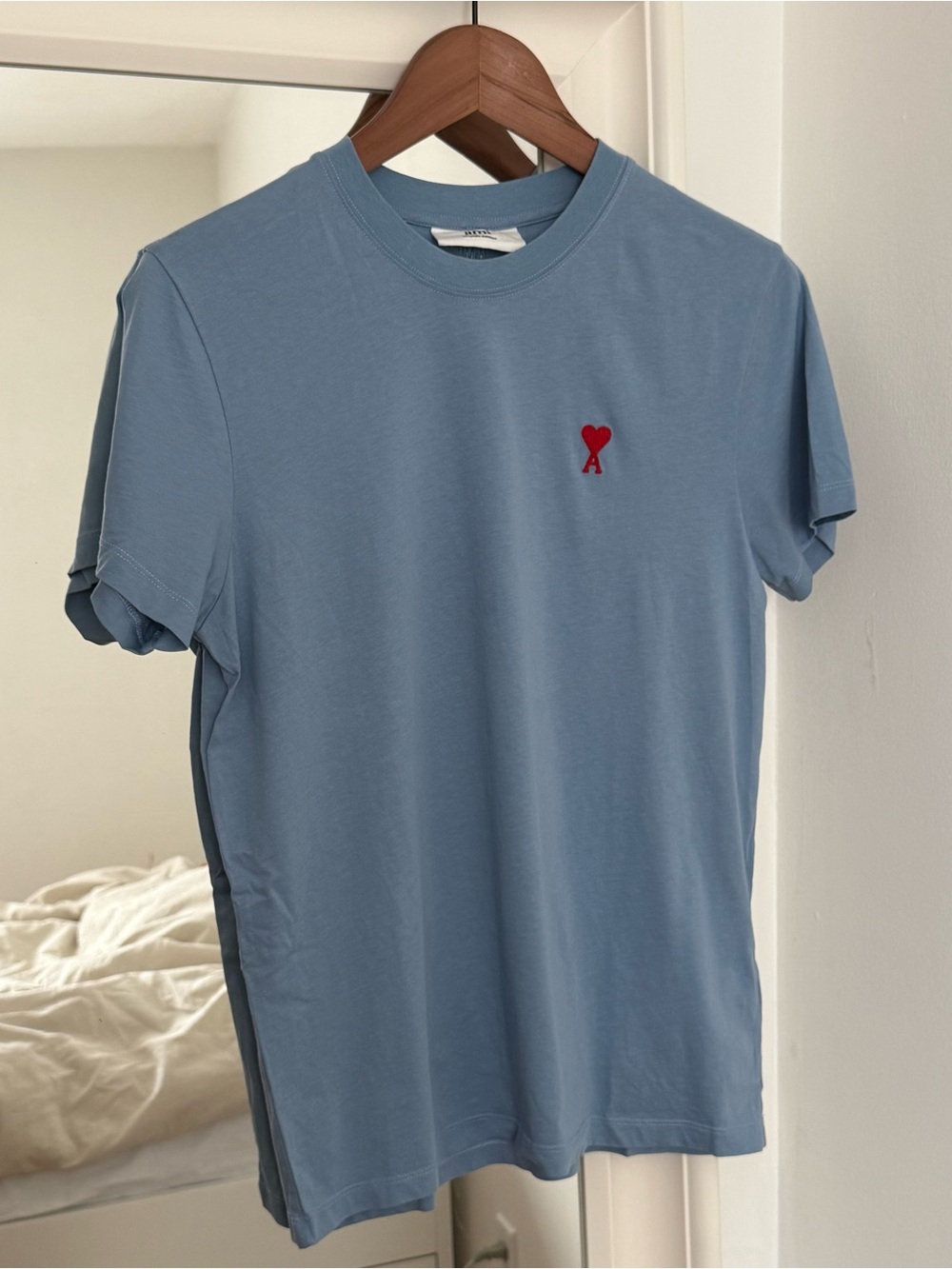 Cotton Crewneck Tee with Red Heart Detail - Light Blue